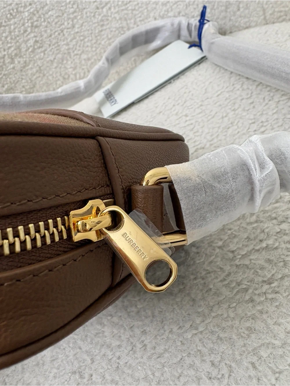 Burberry Brown Leather camera Bag with Signature Check